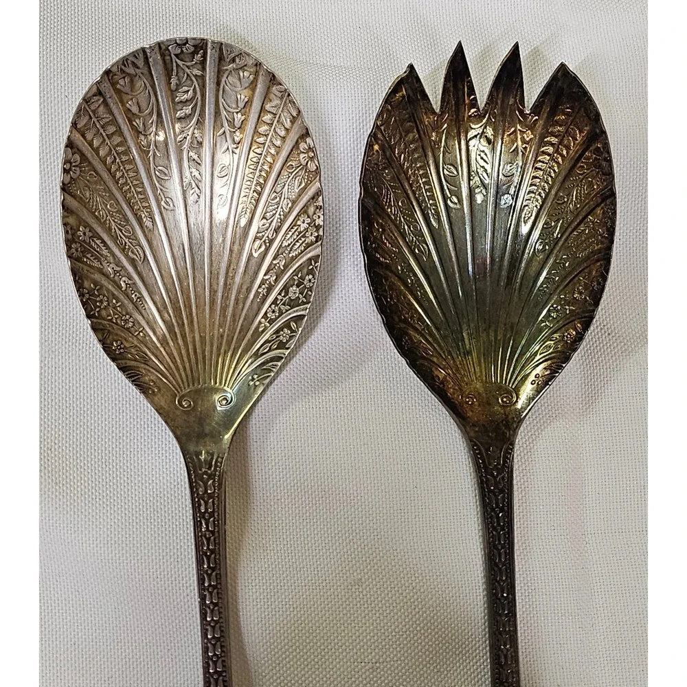 Vtg WA‎ Sheffield England EPNS Shell Salad Servers Spoon Fork Set Silver Plate